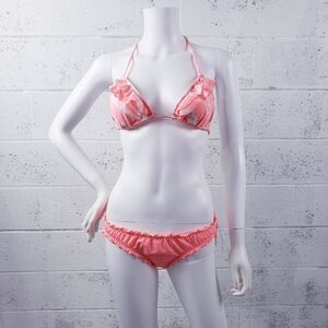 Victorias Secret Bikini Set Medium Teeny‎ Triangle Ruffle Cheeky Pink White